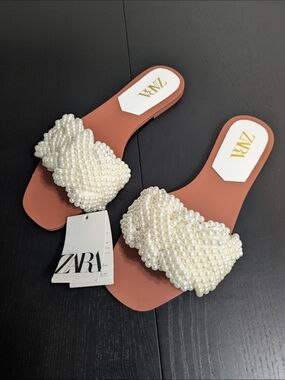 Zara Pearl-Embellished Rust Brown Slide Mules